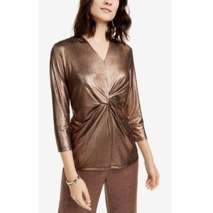 NWT Alfani Metallic Twist-Front Blouse3/4 Sleeve L